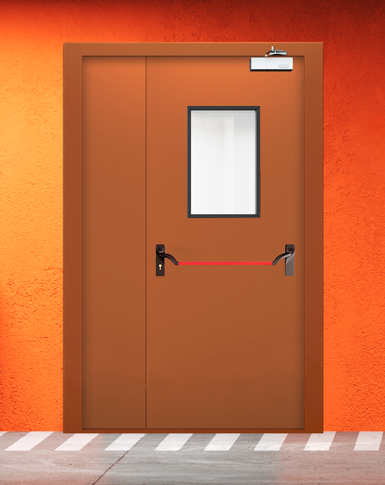 Противопожарная полуторная коричневая дверь EIS 60 с ручкой антипаника, прямоугольным окном