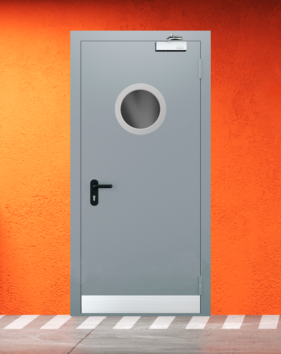 Противопожарная однопольная серая дверь EI 30 (3-го типа) с круглым окном, узким отбойником