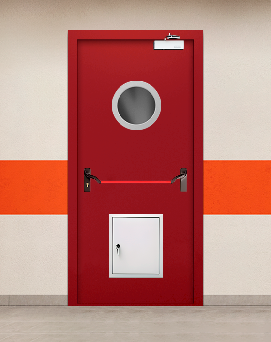 Противопожарная однопольная красная дверь EIWS 60 с ручкой антипаника, круглым окном, стыковочным узлом