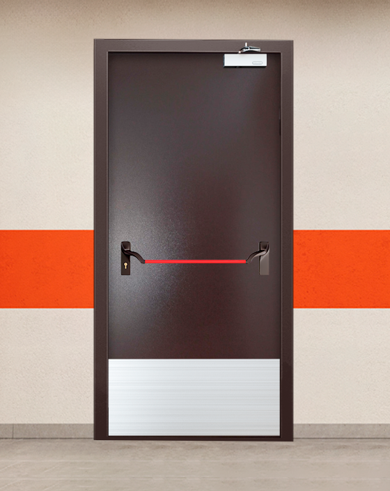 Противопожарная однопольная коричневая дверь порошковым напылением EIWS 45 с ручкой антипаника, широким отбойником