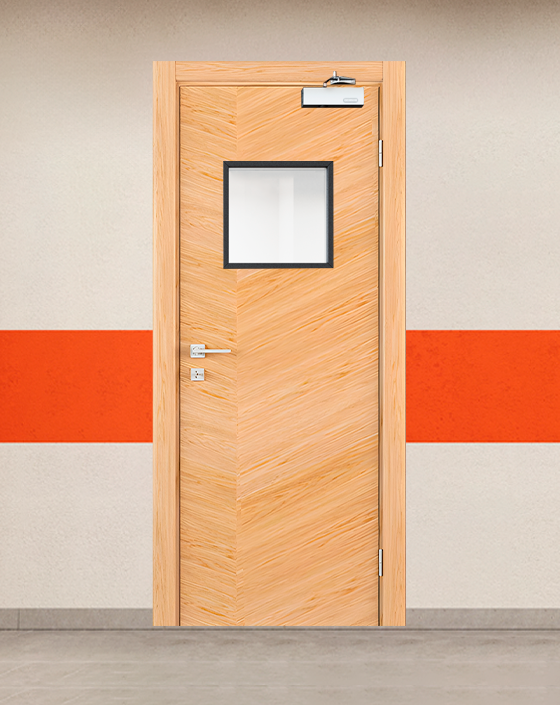 Противопожарная однопольная шпон серая дверь с квадратным окном, блестящим доводчиком