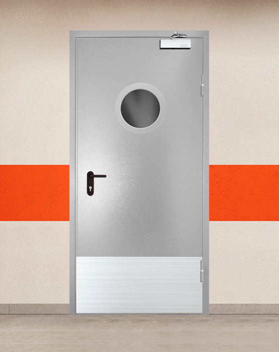 Противопожарная однопольная серая дверь порошковым напылением EI 45 с круглым окном, широким отбойником