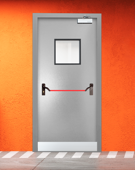 Противопожарная однопольная серая дверь порошковым напылением EIS 45 с ручкой антипаника, квадратным окном, узким отбойником