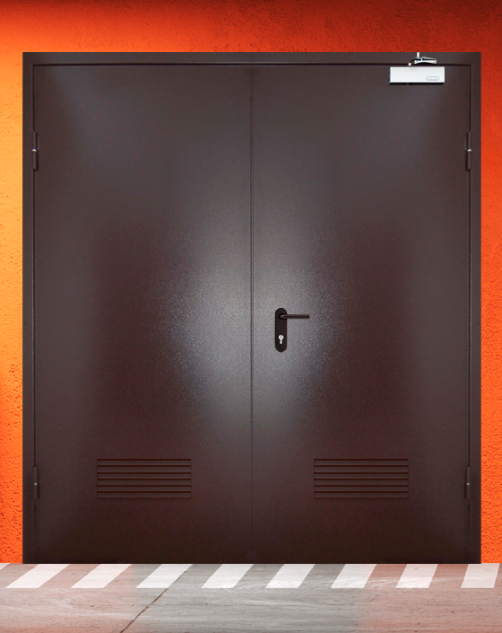 Противопожарная двупольная коричневая дверь порошковым напылением EIWS 30 с прямоугольной решеткой