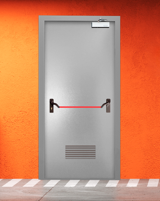 Противопожарная однопольная серая дверь порошковым напылением EIS 45 с ручкой антипаника, прямоугольной решеткой