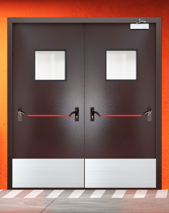 Противопожарная двупольная коричневая дверь порошковым напылением EIWS 60 с ручкой антипаника, квадратным окном, широким отбойником