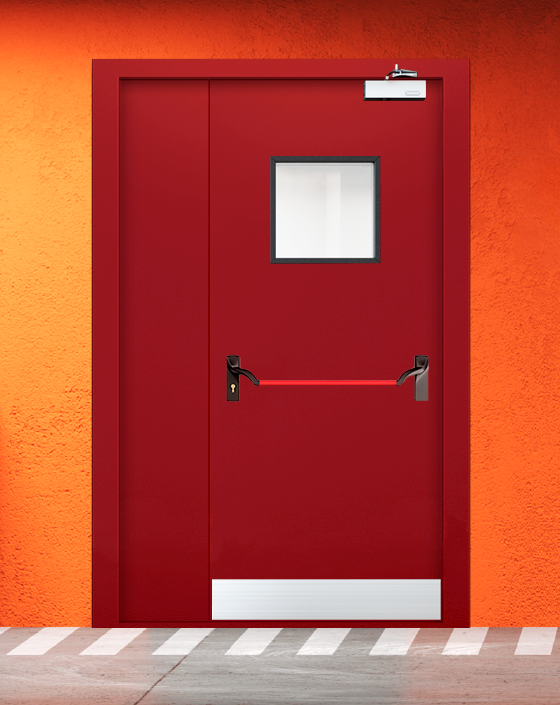 Противопожарная полуторная красная дверь EIW 60 с ручкой антипаника, квадратным окном, узким отбойником