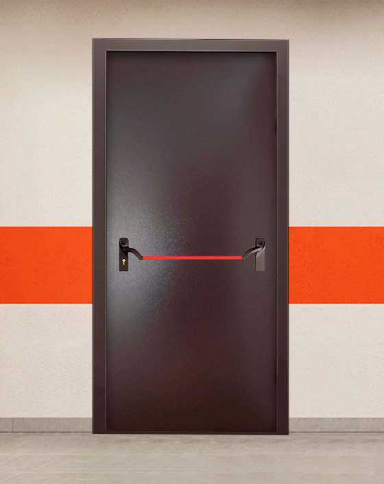 Противопожарная однопольная коричневая дверь порошковым напылением EIWS 45 без доводчика с ручкой антипаника