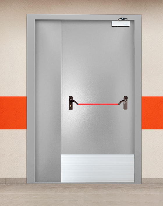 Противопожарная полуторная серая дверь порошковым напылением EI-90 с ручкой антипаника, широким отбойником