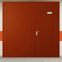 Ворота металлические двустворчатые красные с дверью, доводчиком и блестящей ручкой