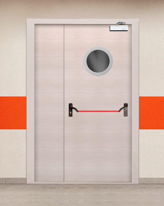 Противопожарная полуторная МДФ бежевая дверь с ручкой антипаника, круглым окном