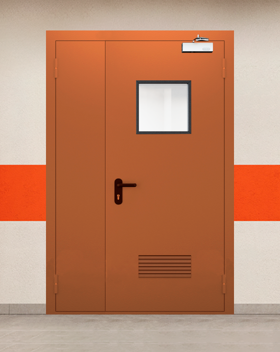 Противопожарная полуторная коричневая дверь EI 45 с квадратным окном, прямоугольной решеткой