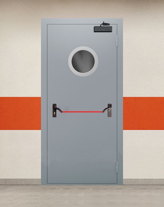 Противопожарная однопольная серая дверь EI 90 с ручкой антипаника, круглым окном