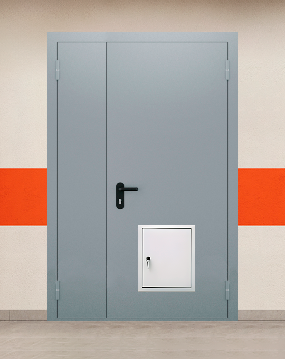 Противопожарная полуторная серая дверь EI 30 (3-го типа) без доводчика с стыковочным узлом