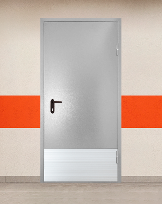 Противопожарная однопольная серая дверь порошковым напылением EI 45 без доводчика с широким отбойником