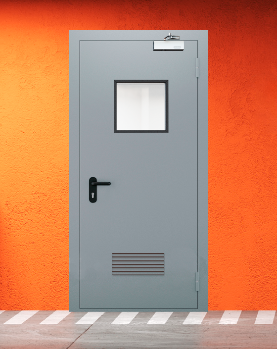 Противопожарная однопольная серая дверь EI 30 (3-го типа) с квадратным окном, прямоугольной решеткой