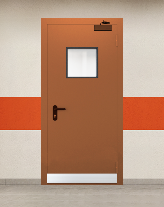 Противопожарная однопольная коричневая дверь EI 45 с квадратным окном, узким отбойником