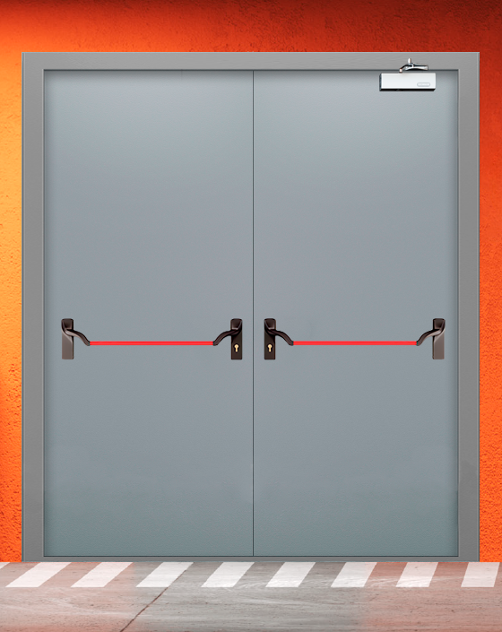 Противопожарная двупольная серая дверь EI 30 (3-го типа) с ручкой антипаника
