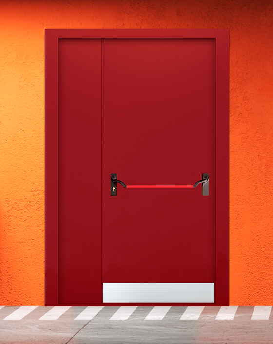 Противопожарная полуторная красная дверь EIW 60 без доводчика с ручкой антипаника, узким отбойником