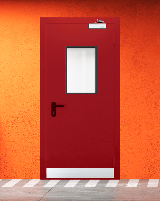 Противопожарная однопольная красная дверь EIW 45 с прямоугольным окном, узким отбойником