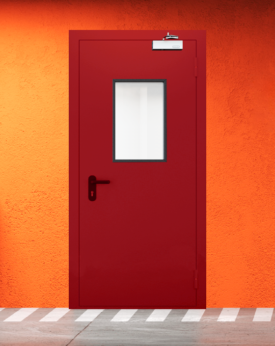 Противопожарная однопольная красная дверь EIW 45 с прямоугольным окном