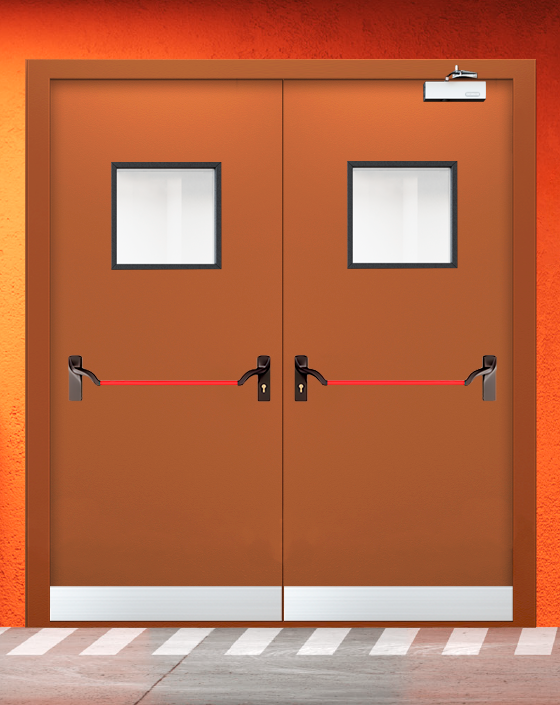 Противопожарная двупольная коричневая дверь EIS 60 с ручкой антипаника, квадратным окном, узким отбойником