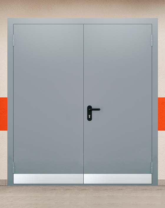 Противопожарная двупольная серая дверь EI-90 без доводчика с узким отбойником