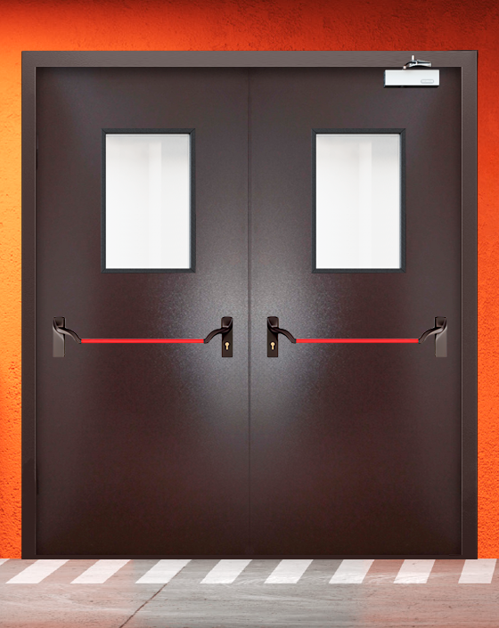 Противопожарная двупольная коричневая дверь порошковым напылением EIWS 60 с ручкой антипаника, прямоугольным окном