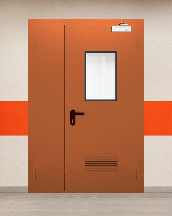 Противопожарная полуторная коричневая дверь EI 45 с прямоугольным окном, прямоугольной решеткой