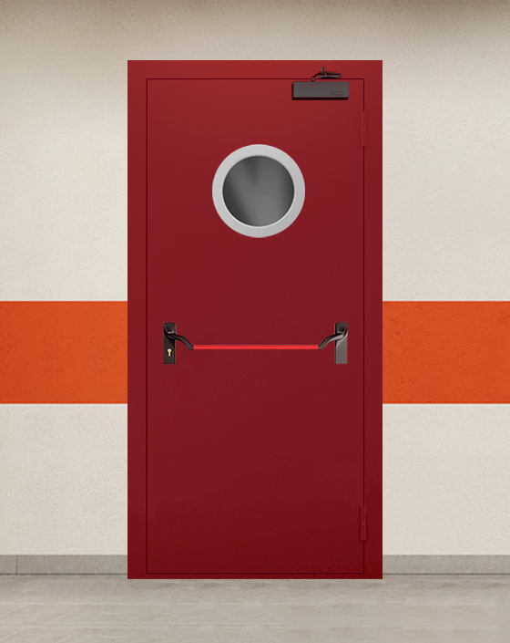 Противопожарная однопольная красная дверь EI 90 с ручкой антипаника, круглым окном