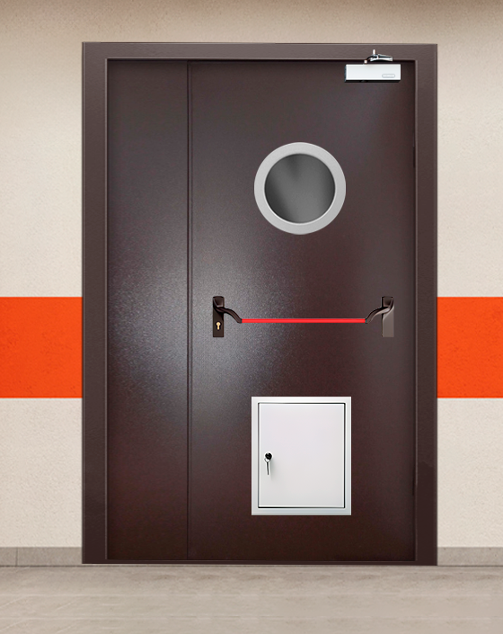Противопожарная полуторная коричневая дверь порошковым напылением EIS 90 с ручкой антипаника, круглым окном, стыковочным узлом