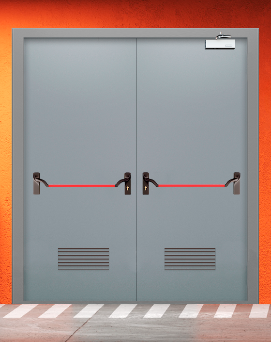 Противопожарная двупольная серая дверь EI 30 (3-го типа) с ручкой антипаника, прямоугольной решеткой