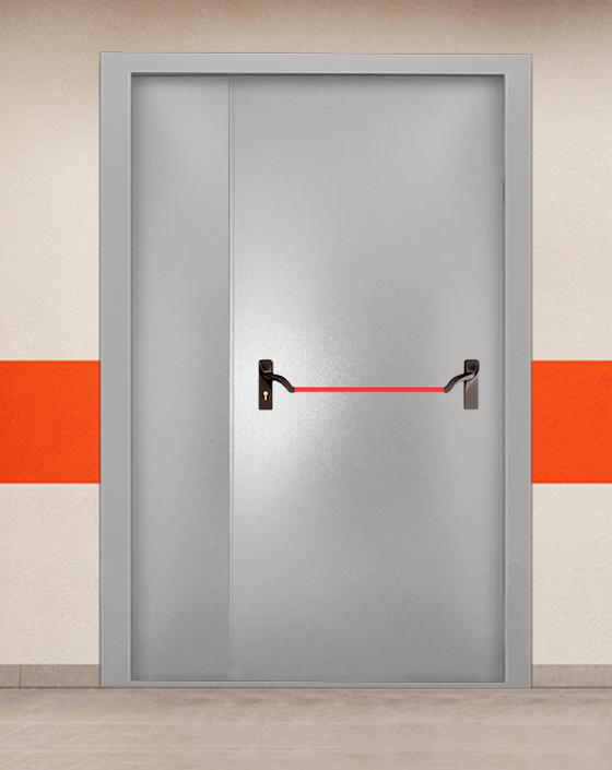 Противопожарная полуторная серая дверь порошковым напылением EI-90 без доводчика с ручкой антипаника