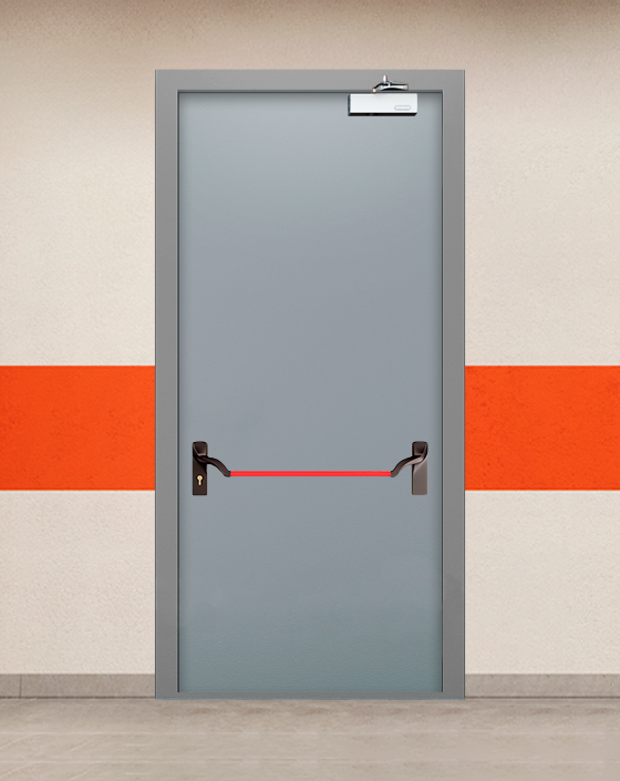 Противопожарная однопольная серая дверь EIS 60 с ручкой антипаника