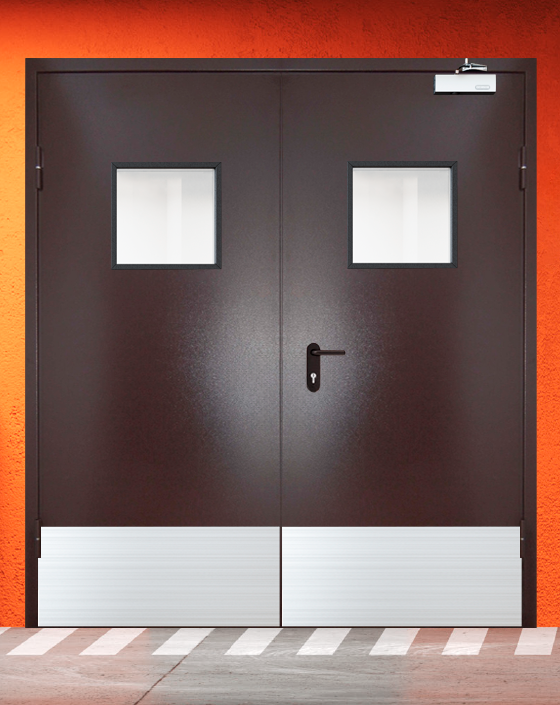 Противопожарная двупольная коричневая дверь порошковым напылением EIWS 30 с квадратным окном, широким отбойником