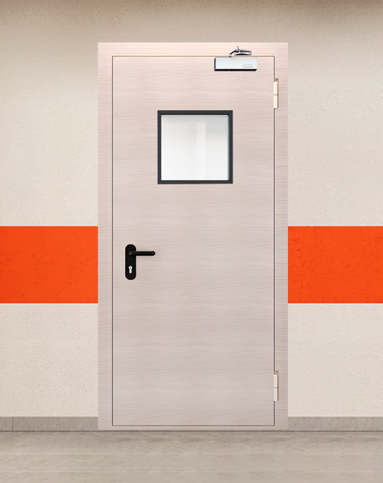 Противопожарная однопольная МДФ бежевая дверь EI-90 с квадратным окном