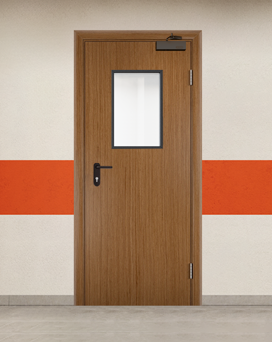 Противопожарная однопольная шпон серая дверь с прямоугольным окном