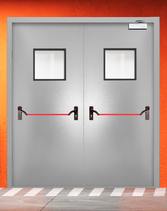 Противопожарная двупольная серая дверь порошковым напылением EIS 30 с ручкой антипаника, квадратным окном