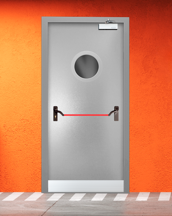 Противопожарная однопольная серая дверь порошковым напылением EIS 45 с ручкой антипаника, круглым окном, узким отбойником