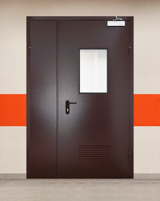 Противопожарная полуторная коричневая дверь порошковым напылением EIS 60 с прямоугольным окном, прямоугольной решеткой