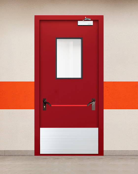 Противопожарная однопольная красная дверь EIWS 60 с ручкой антипаника, прямоугольным окном, широким отбойником