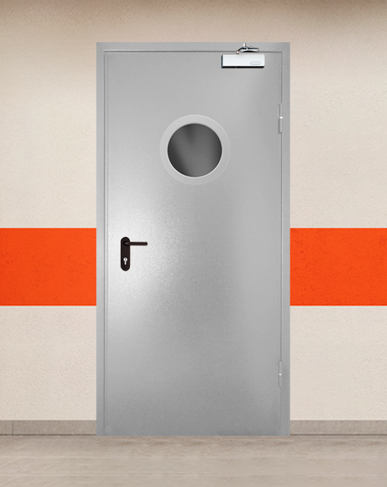 Противопожарная однопольная серая дверь порошковым напылением EI 45 с круглым окном