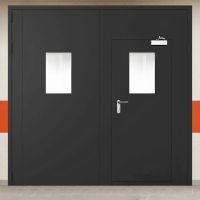 Ворота металлические двустворчатые черные с дверью, двумя окнами, доводчиком и блестящей ручкой