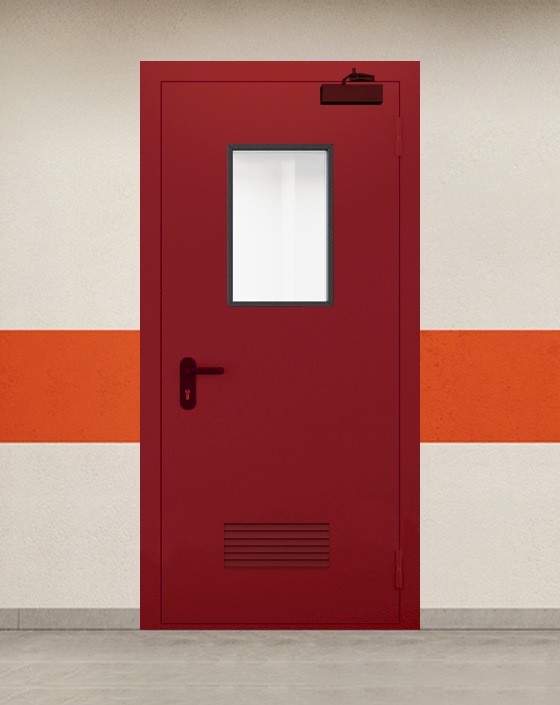 Противопожарная однопольная красная дверь EI 45 с прямоугольным окном, прямоугольной решеткой