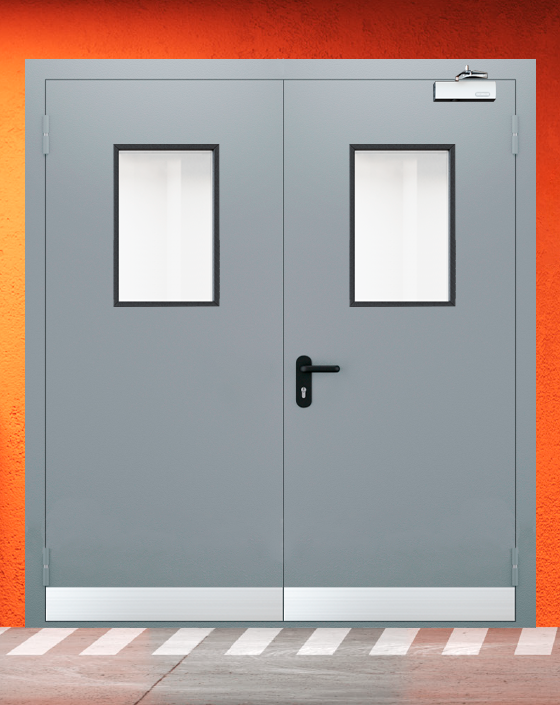 Противопожарная двупольная серая дверь EI-90 с прямоугольным окном, узким отбойником