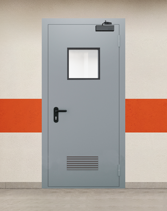 Противопожарная однопольная серая дверь EI 45 с квадратным окном, прямоугольной решеткой