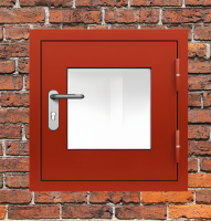 Люк металлический красный с окном и блестящей ручкой