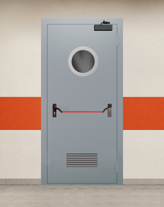 Противопожарная однопольная серая дверь EI 90 с ручкой антипаника, круглым окном, прямоугольной решеткой