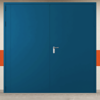 Ворота металлические двустворчатые синие с блестящей ручкой без доводчика