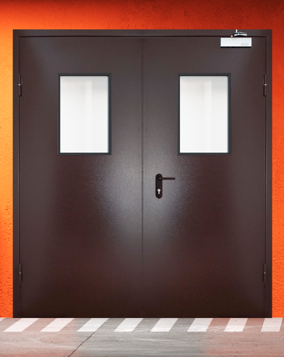 Противопожарная двупольная коричневая дверь порошковым напылением EIWS 30 с прямоугольным окном